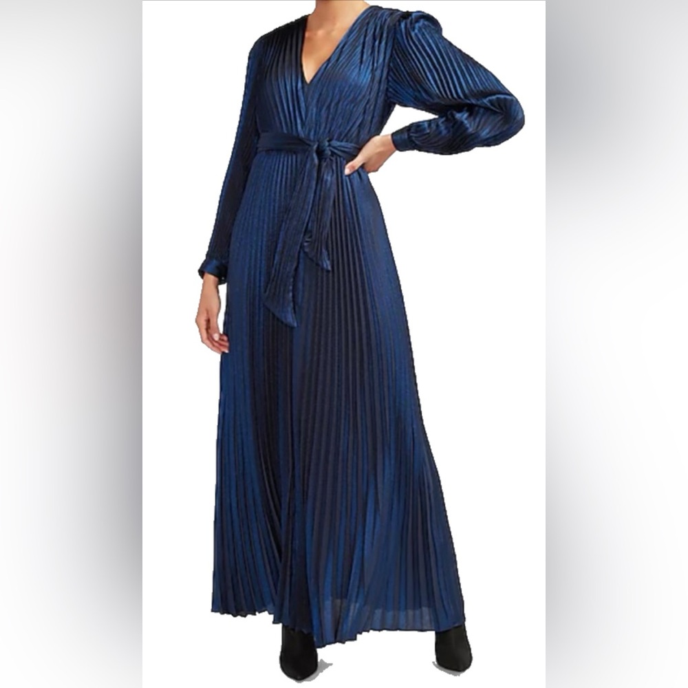 NWT Metallic Pleated Maxi Dress - Belted, Long Sleeve
